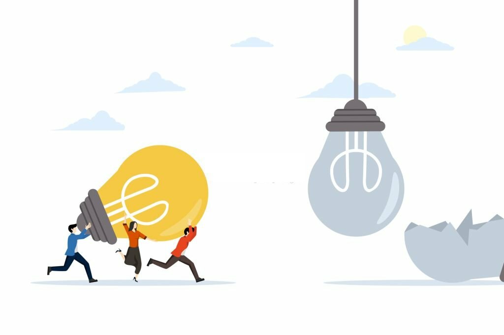 creative brainstorming concept, change idea, teamwork idea. Connect different thoughts and think of new solutions. Teamwork helps lift the big light bulb or big idea. flat vector illustration.